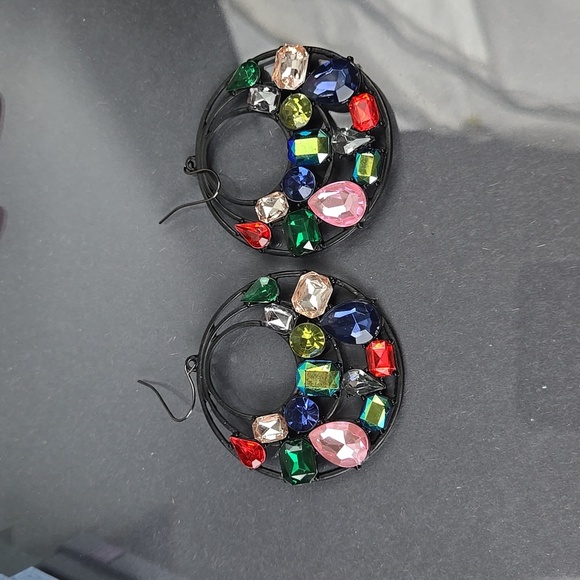 Colorful Fuax Gemstone Black Tone  Big  Earrings - Picture 4 of 17